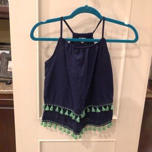 Navy Girls Top with Green Fringe